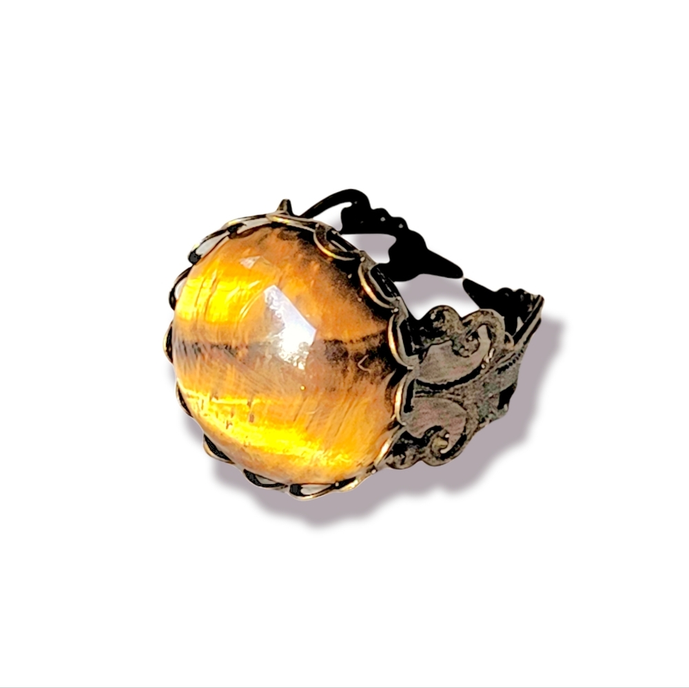 Genuine Tiger's Eye Semi Precious Natural Stone French Copper Filigree Ring 8 - Picture 3 of 8